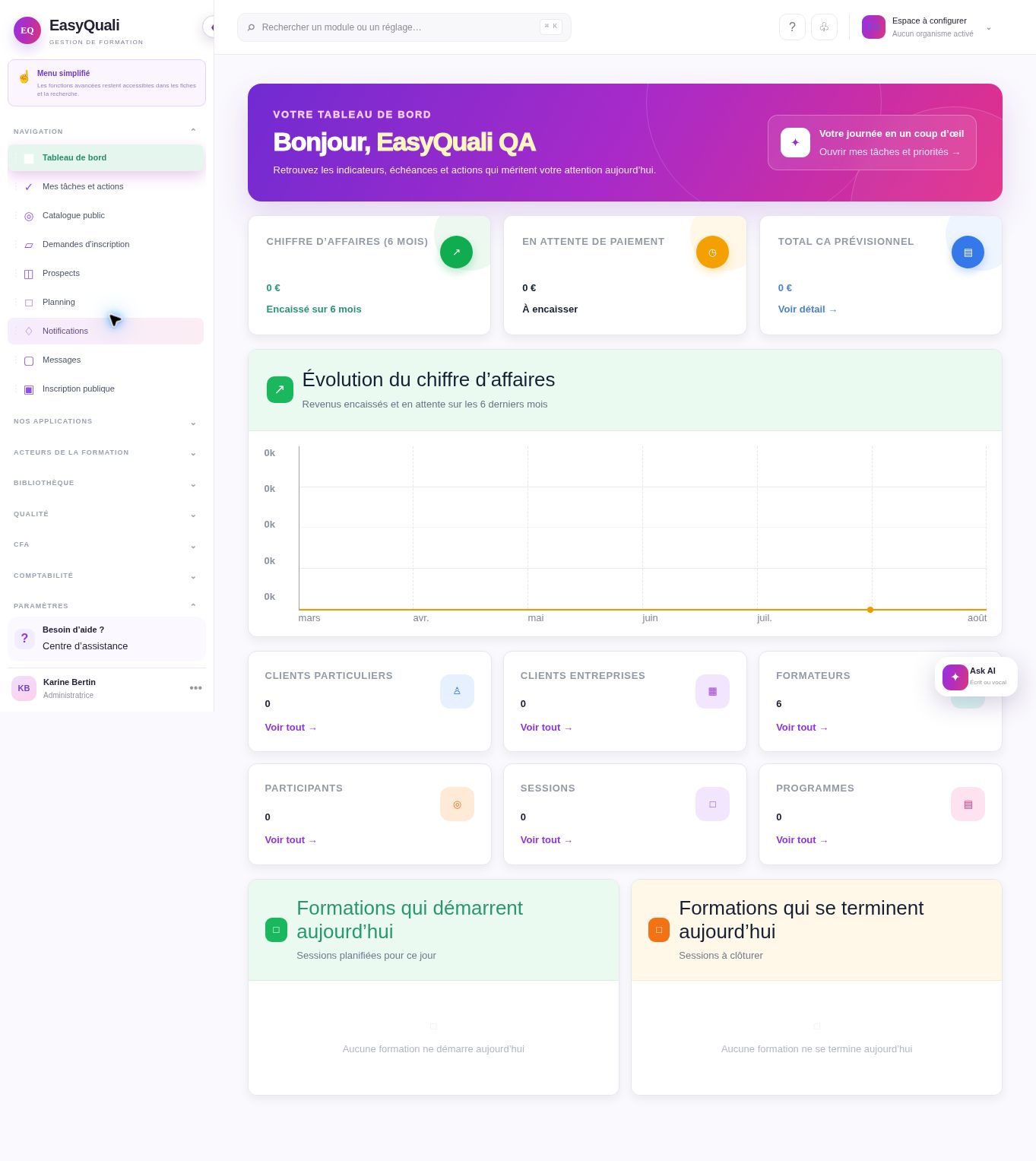 Vue complète du tableau de bord réel EasyQuali avec le menu jusqu’aux Paramètres, le bandeau de bienvenue, les indicateurs, le graphique et les blocs de suivi